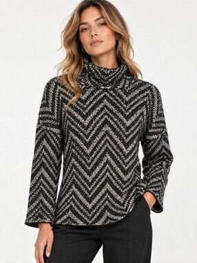 Eileen Fisher Black White Chevron Baby Alpaca Cotton Turtleneck Sweater S